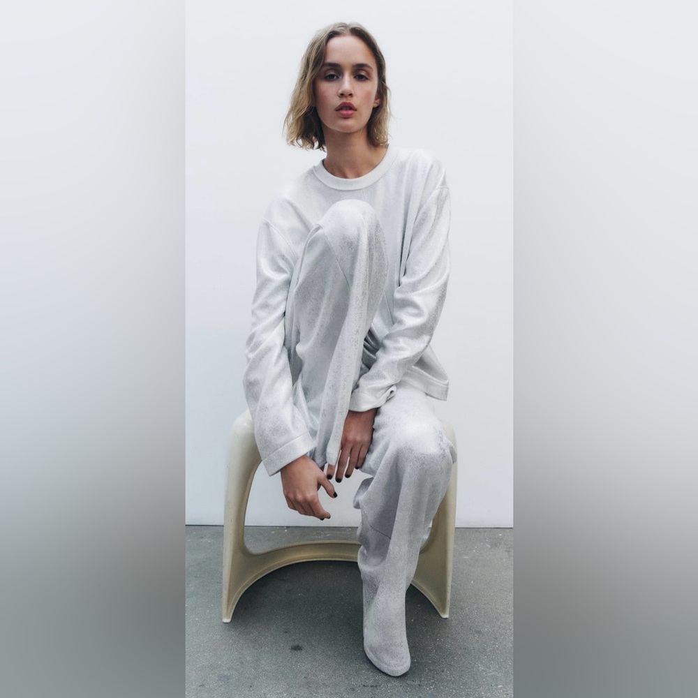 Zara White Metallic Foil Crew Neck Knit Sweater Top NWT Large